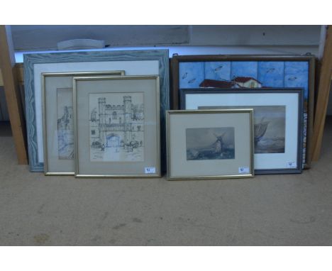 A tile picture of a Greek harbour scene with fishing boat and taverna, two framed pen and ink drawings of Battle Abbey Gatewa