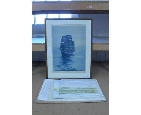 Framed prints, 'Mists of Morning' after Montague Dawson plus three unframed broadland watercolours, 'Tidal Bure', 'River Bure