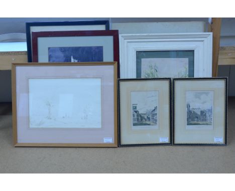 A framed watercolour of a river scene plus five other assorted including St Benedicts Gate and St Giles Gate Norwich plus a w