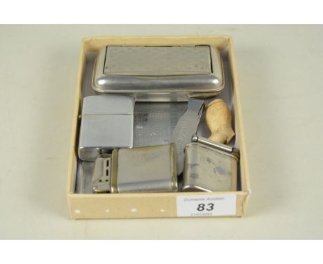 Three vintage petrol lighters, 'Beney Popular' and 'Beattie', chromed cigarette case, snuff box etc
