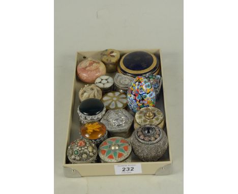 A mixed lot comprising of an Millefiori ECC paperweight plus fifteen various base metal ceramic and carved stone boxes