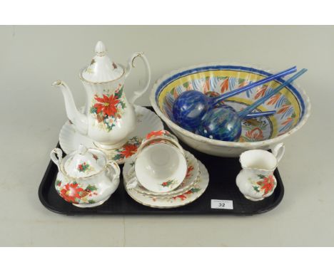A large quimper bowl (as found), four coloured glass onion shaped vases plus a Royal Albert 'Poinsettia' part tea service (te