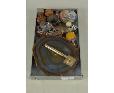 A mixed lot comprising of a dragon mounted pomander, two carved walnuts, a snuff bottle, various enamel boxes plus an agate d