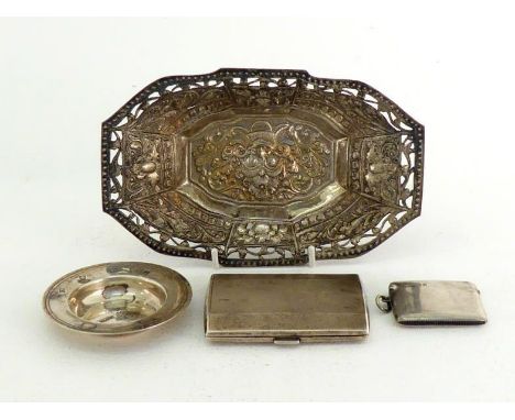 An engine-turned silver cigarette case, Birmingham, 1932, with gilt interior; a plain oblong silver vesta case by Henry Matth