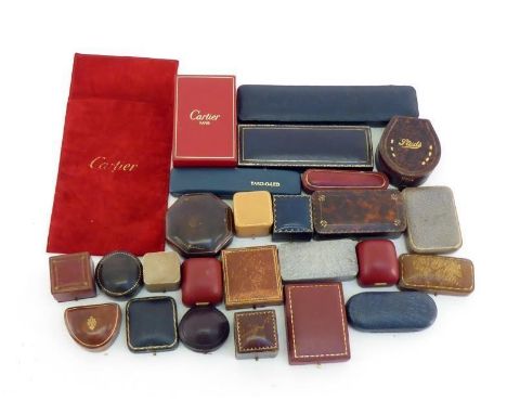 A mixed lot of vintage jewellery boxes, including a Cartier lighter box, a Garrard & Co brooch case, an Asprey brooch box, a 