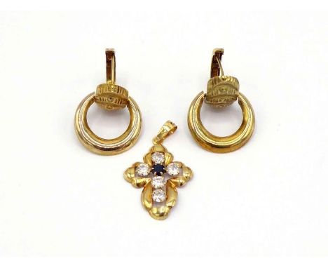 A pair of yellow metal (tests 18 carat gold) earrings, post and clip fittings, 25mm long, together with paste set cross penda