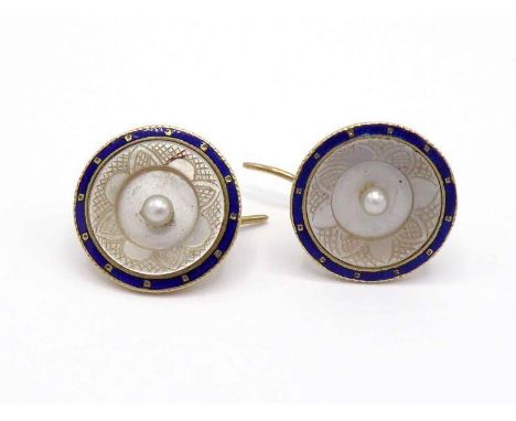 A pair of 18 carat gold, seed pearl and enamel earrings, converted from Edwardian cufflinks, circular in form, with mother of