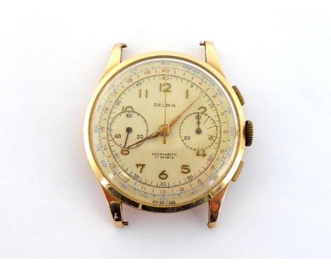 A 1940s 18 carat gold gentleman's manual wind chronograph wristwatch, the cream dial with outer tachomenter/telemeter track, 