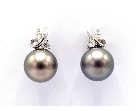 A pair of Tahitian black cultured pearl and diamond earrings, each with a 10.9mm pearl, with two brilliant cuts above, mounte