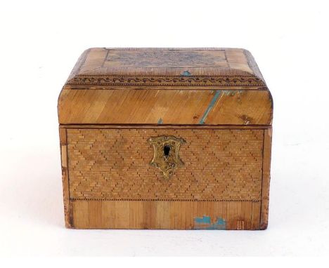 A 19th.century straw-work tea caddy, possibly from the Napoleonic era French P.O.W. camp at Norman Cross,  the lid with sides