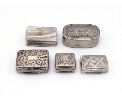 A group of five silver vinaigrettes comprising:- a George III rounded oblong vinaigrette, maker's mark indistinct, London, 17