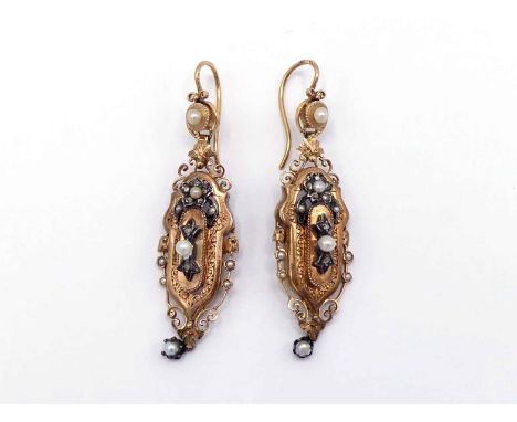 A pair of French 18 carat gold, diamond and seed pearl earrings, the cartouche drop pierced and engraved with applied seed pe