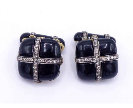 A pair of diamond and onyx cufflinks, the square cushion shaped links with a central pave set cross of small brilliants, moun