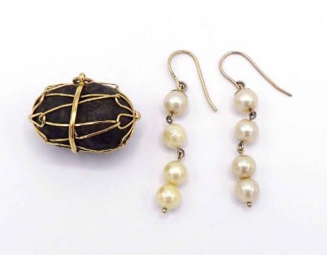 A pair of cultured pearl earrings, each composed of four uniform pearls, mounted in yellow metal, stamped '9k', 4.5cm long, t