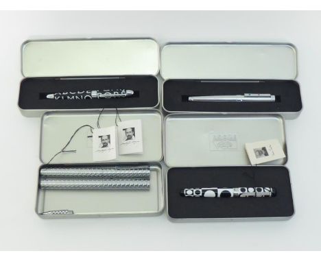 ACME, four fountain pens, various designs, cartridge fillers, together with a roller ball pen and four ACME boxes CONDITION: 