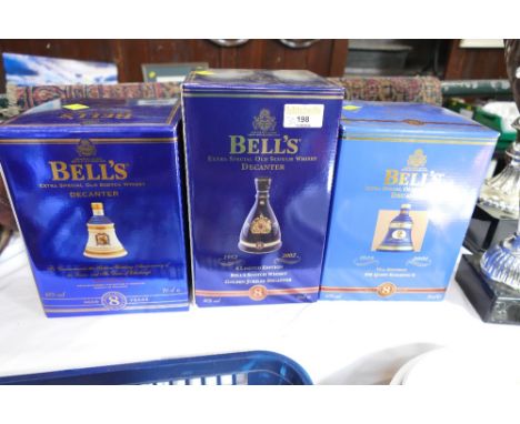 Three boxed Bells Extra Special Old Scotch Whisky decanters, Commemorative aged 8 years