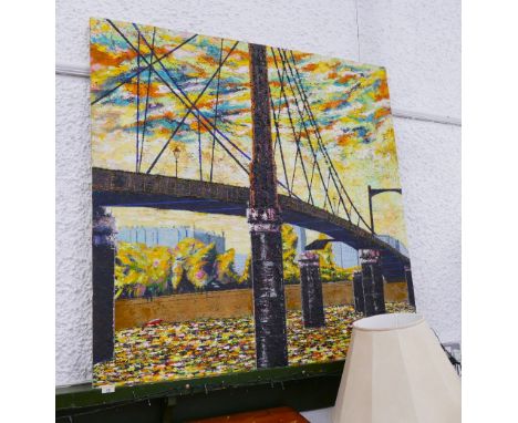 Large cityscape with suspension bridge oil on canvas, 120 cm square
