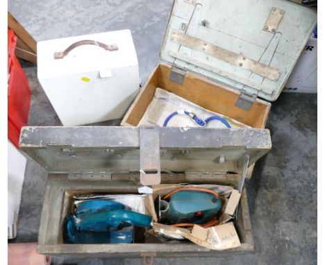 Three vintage wooden toolboxes, Black & Decker jigsaw and Black & Decker parts