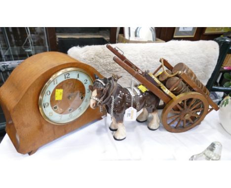 Ceramic horse and cart and Art Deco wooden mantel clock