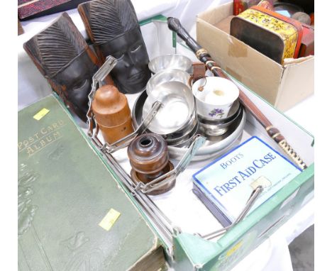 Carved wooden face masks, tureen, mushroom and lidded container, stainless steel dessert dishes, ornamental ceremonial knife 