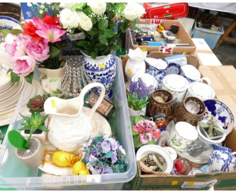 Two boxes of vases containing artificial flowers, wash jug and basin, kitchen storage jars, paperweights, ornaments etc