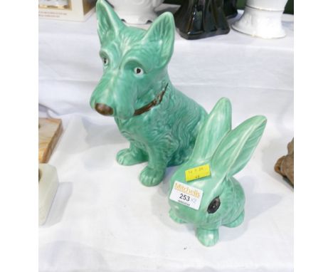 Green Sylvac Scottie dog Model 1208 and green Sylvac rabbit Model 1085