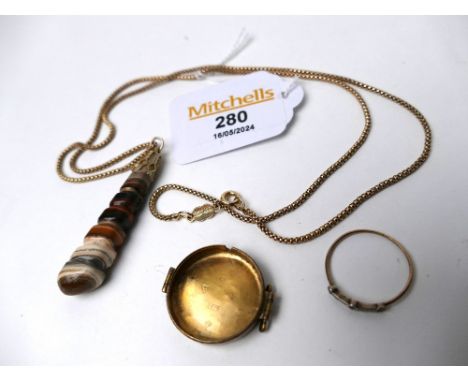 9 ct gold chain, 9 ct gold ring, 9 ct gold watch back and mineral stone pendant, overall weight of gold 7.3 grams 