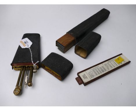 Cased set of vintage draughtsman compasses, Unique slide rule and leather bound slide rule case