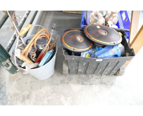 Two boxes of hand tools, speakers, flashlights etc