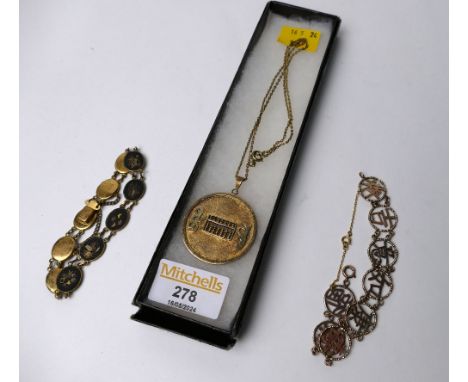 Oriental abacus themed yellow metal pendant on chain and two yellow metal gate bracelets, one with Chinese characters 