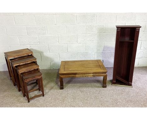 A useful vintage Chinese hongmu type set of quartetto tables, mid 20th century, of altar style form, largest, 65cm high, 48cm