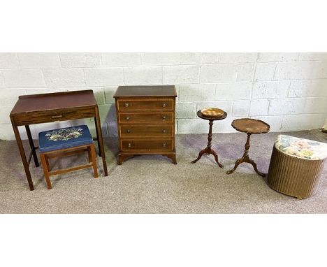 A Georgian style bedside chest of drawers; together with an tapestry upholstered stool; a small vintage desk; a Lloyd Loom st