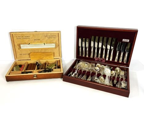 A vintage fine cigar humidor case, including assorted related objects with two agate based lighters, cutters and similar; als