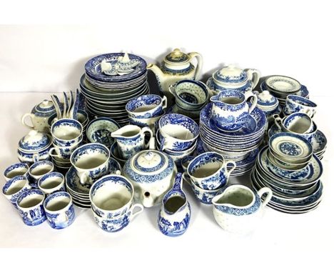 A large assortment of blue and white transfer printed table ware, including a set of Spode, also a group of Chinese rice inse