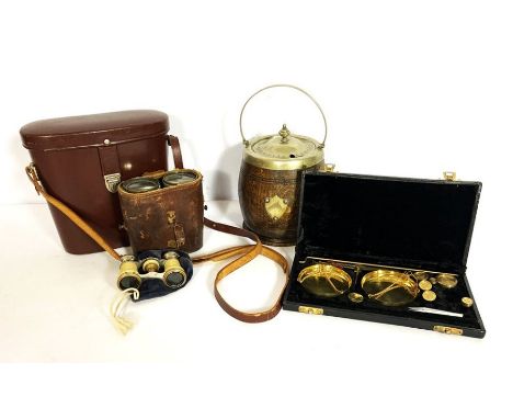 A vintage oak and plated biscuit barrel; also two pairs of binoculars, a pair of opera glasses and a cased set of scales and 