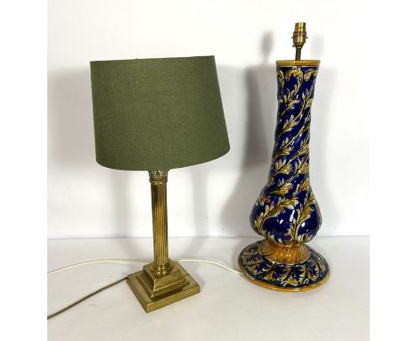 A Burmantofts style large baluster floral decorated lamp base, 60cm high; together with a modern column table lamp (2)