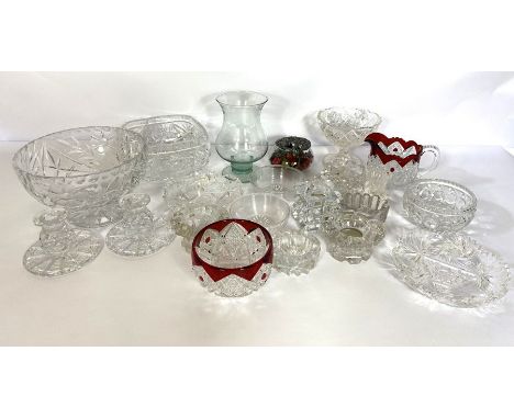 A group of assorted pressed and cut glass, including a ruby flashed jug and bowl (a lot)