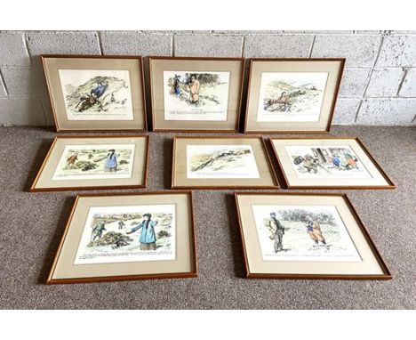 A set of eight vintage framed deer stalking, golfing and hunting related humourus prints, possibly Punch magazine re-strikes 