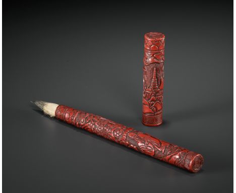 A CARVED CINNABAR LACQUER 'SCHOLARS' BRUSH AND COVER, LATE MING DYNASTYChina, 17th century. Of cylindrical form, well carved 