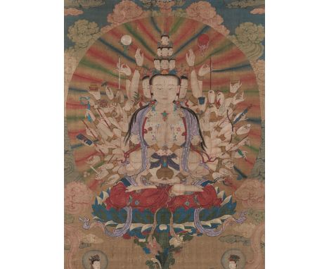 A BUDDHIST VOTIVE PAINTING DEPICTING AVALOKITESHVARA, POSSIBLY IMPERIALChina, 17th-18th century. Ink and watercolors on silk.