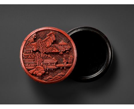 A RED LACQUER 'LANDSCAPE' BOX AND COVER, YUAN TO MING DYNASTYChina, 14th-16th century. Of circular form with slightly rounded