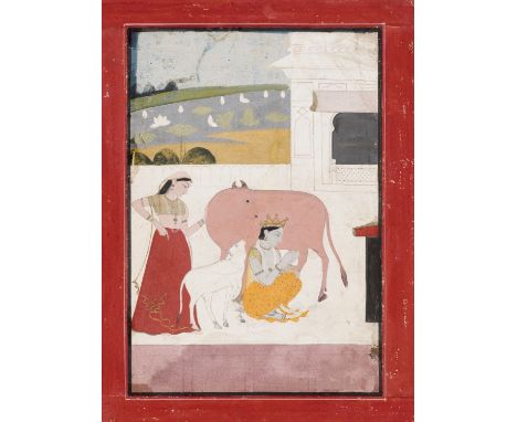 AN INDIAN MINIATURE PAINTING OF KRISHNA MILKING A COWNorth India, Rajasthan, early to mid-19th century. Ink, gold, and waterc