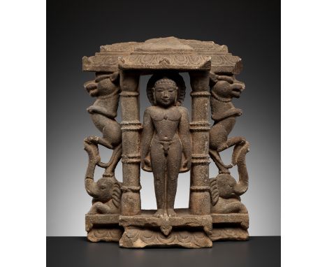 A JAIN SANDSTONE STELE OF A TIRTHANKARA, POSSIBLY MAHAVIRACentral or Northern India, 12th-13th century. Finely carved in open