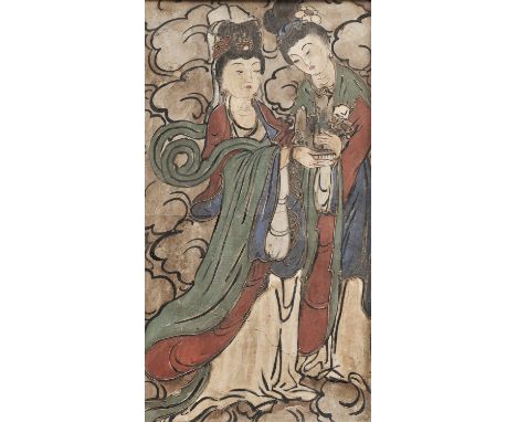 A POLYCHROME STUCCO FRESCO FRAGMENT, YUAN TO MING DYNASTYChina, 13th-16th century. The rectangular panel finely painted with 