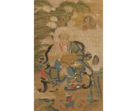 A RARE AND IMPORTANT PAINTING OF THE ARHAT BAKULA, 17TH-18TH CENTURYChina. Ink and watercolors on silk. The Meditating Luohan