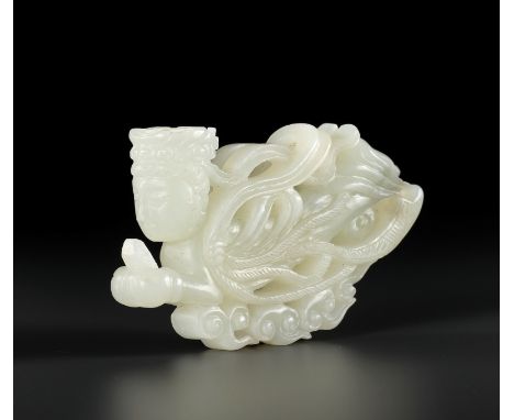 A WHITE JADE CARVING OF AN APSARA, QING DYNASTY OR EARLIERChina, 18th-19th century or earlier. Carved and pierced with the an