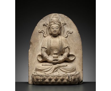 A MASSIVE 'BODHISATTVA' ARCHITECTURAL ELEMENT, UNGLAZED POTTERY, MING DYNASTYChina, 16th-17th century. Cast seated in dhyanas