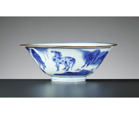 A BLUE AND WHITE 'EIGHT HORSES OF MU WANG' BOWL, KANGXI PERIODChina, 1662-1722. Thinly potted with deep conical sides rising 