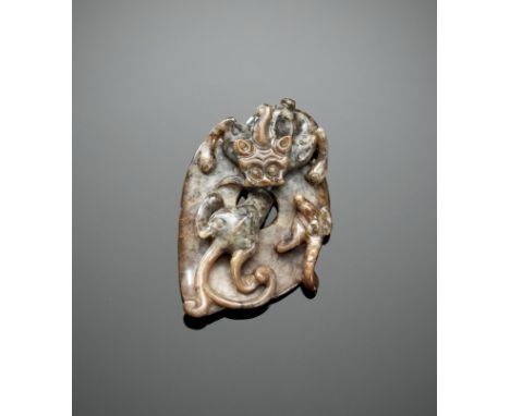 A GRAY JADE ARCHAISTIC 'CHILONG' PENDANT, YUAN TO MING DYNASTYChina, 1279-1644 or earlier. Note that Una Pope-Hennessy dated 