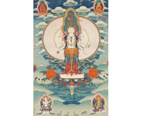 A THANGKA OF AVALOKITESHVARA SAHASRABHUJA, 18TH-19TH CENTURYTibet. Distemper and gold on cloth. Standing atop a cushion resti